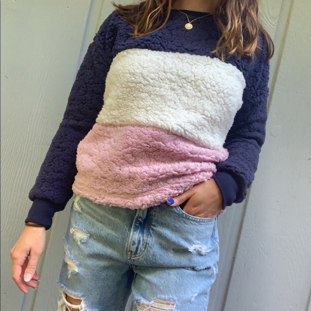 super fuzzy navy, white & pink color block sweater